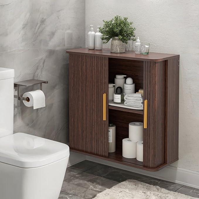 Laundry Wall Cabinet with Fluted Sliding Door, 29.5" W Bathroom Medicine Cabinet with Adjustable Shelf, Wall Mounted Storage Cabinet for Living Room Kitchen, 11.7" D x 29.5" W x 27.68" H - ModernBath