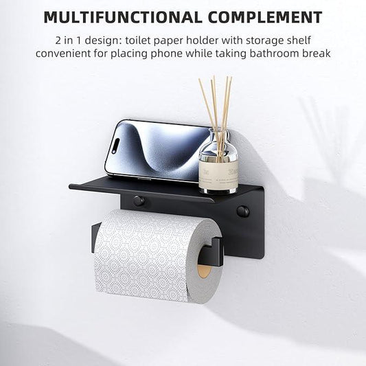 Angle Simple Toilet Paper Holder with Shelf Matte Black, 304 Stainless Steel Lavatory Tissue Roll Holder for Wall - ModernBath