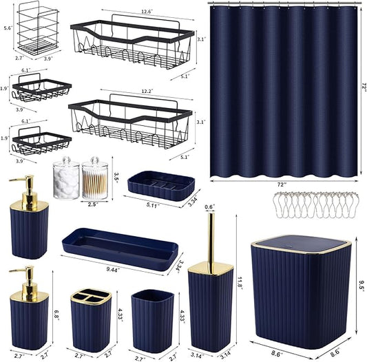 XLHOMO 28PC Bathroom Set - Gorgeous Blue Bathroom Set, Bathroom Accessory Set, Blue Shower Curtain Set with 5PC Shower Shelves