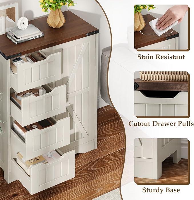 Vabches Farmhouse Bathroom Cabinet, Freestanding Storage Cabinet with 4 Drawers and 1 Door, Rustic Storage Organizer with Adjustable Shelf for Bathroom, Living Room, Entryway,White - ModernBath