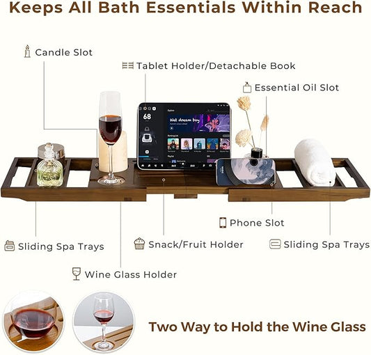 Teak Bathtub Tray, Wooden Tray Caddy for Bathtub, Luxury Bathroom Trays for Home Spa Relaxation, Teak Bathtub Caddy as Housewarming, Wedding Gifts for Women (Walnut Teak)