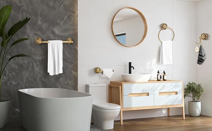 Brass Bathroom Accessory Set, Antique Brass Toilet Paper Holder Towel Ring Hook, Towel Hook Robe Toilet Paper Roll Holder, Rustic Towel Rack Bar Hardware Set Farmhouse Wall Mounted(4 Pieces) - ModernBath