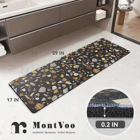 MontVoo -Bath Mat-Non Slip Thin Bathroom Rugs Fit Under Door- Quick Dry Absorbent Faux Suede Surface Grey Bathroom Floor Mats-Shower Rug for in Front of Bathtub Shower Black & Multi Color 17x59 - ModernBath