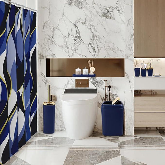 XLHOMO Blue Bathroom Set, Bathroom Sets with Stripe Shower Curtain, Navy Blue and Gold Bathroom Accessories with Trash Can, Soap Dispenser, Soap Dish, Toilet Brush Holder, Qtip Holders for Bathroom - ModernBath