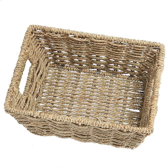 Small Seagrass Storage Basket, Natural Rectangular Decorative Home Organizer Bins with Both-side Handles for Farmhouse, Bathroom, Bedroom.