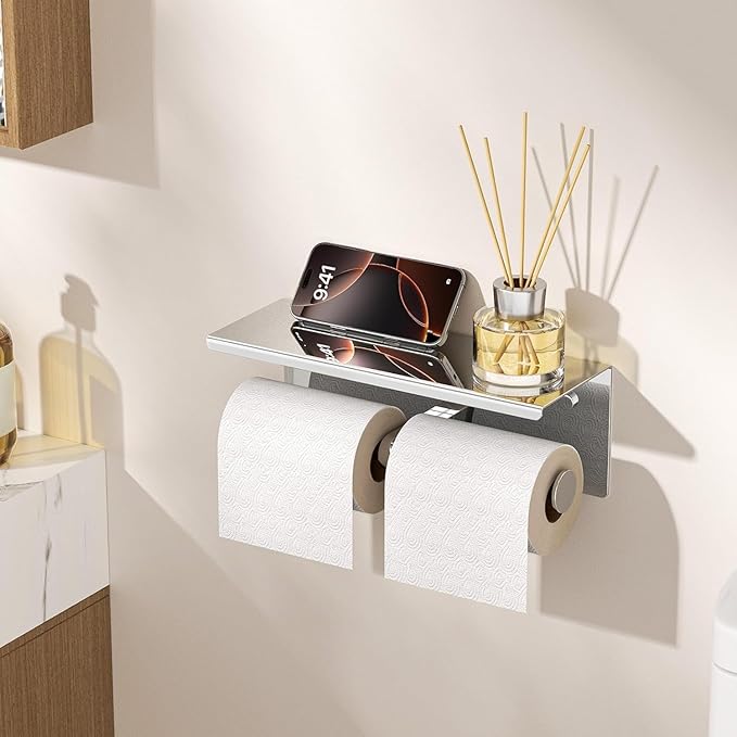 FORIOUS Double Toilet Paper Holder with Shelf, Wall Mount Tissue Roll Holder for Bathroom, 304 Stainless Steel Commercial Toilet Tissue Dispensers with Phone Shelf (1, Chrome)