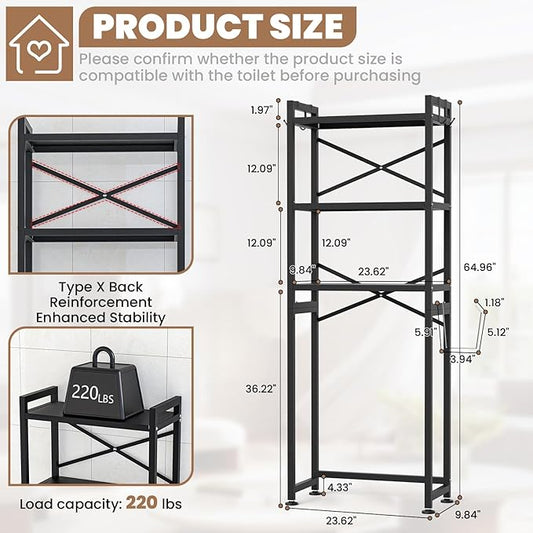 ZZL Over The Toilet Storage,3-Tier,Bathroom Toilet Organizer,Multifunctional Space Saver Freestanding Bathroom Shelves with 4 Hooks,Black