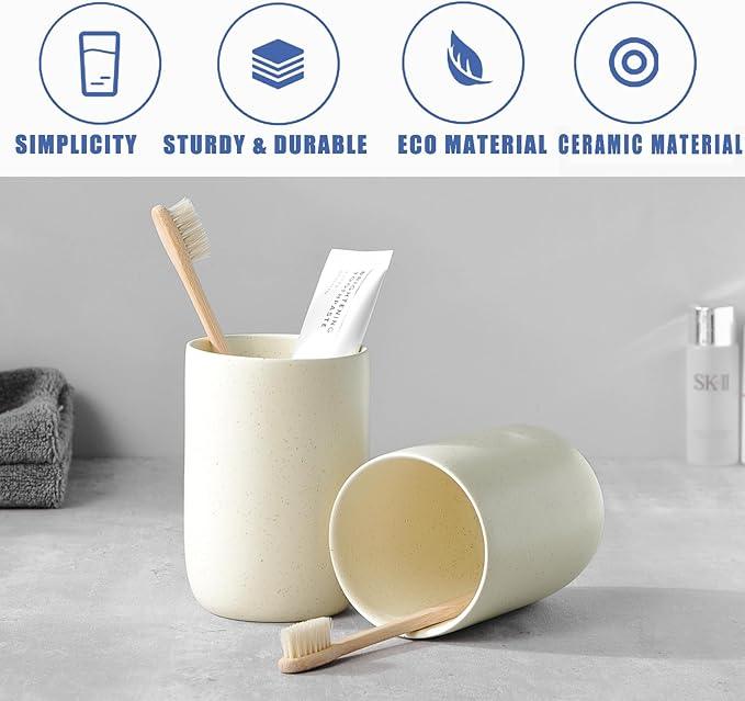 BSDISP Toothbrush Holder for Bathrooms - 1 Cup Ceramic Toothbrush Toothpaste Holder, Beige Bathroom Tumbler Cup Reusable Toothbrush Mouthwash Cup, Bathroom Counter Organizer - ModernBath