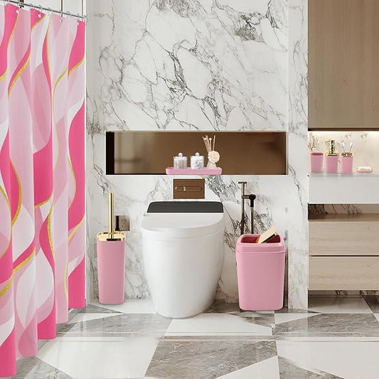 XLHOMO Pink Bathroom Set, Bathroom Sets with Stripe Shower Curtain, Pink and Gold Bathroom Accessories with Trash Can, Soap Dispenser, Soap Dish, Toilet Brush Holder, Qtip Holders for Bathroom - ModernBath