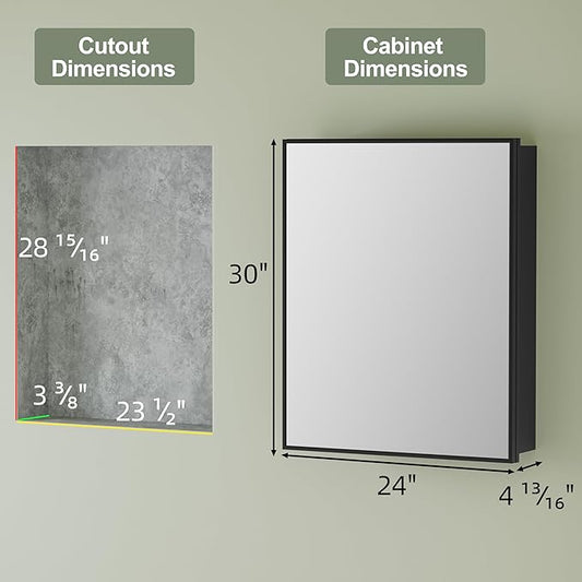 Buruis 24" x 30" Framed Medicine Cabinet with Mirror, Recessed or Wall Mounted Bathroom Cabinet, Adjustable Tempered Glass Shelves, Left/Right Open Reversible, No Assembly Required, Black
