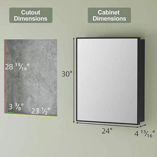 Buruis 24" x 30" Framed Medicine Cabinet with Mirror, Recessed or Wall Mounted Bathroom Cabinet, Adjustable Tempered Glass Shelves, Left/Right Open Reversible, No Assembly Required, Black - ModernBath
