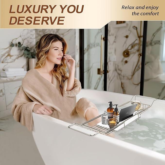 BVL Bathtub Tray Stainless Steel with Marble Base Chrome Bathtub Tray with White Marble Base Adjustable & Rustproof Bath Caddy for Spa, Relaxation, Bath Bombs - ModernBath