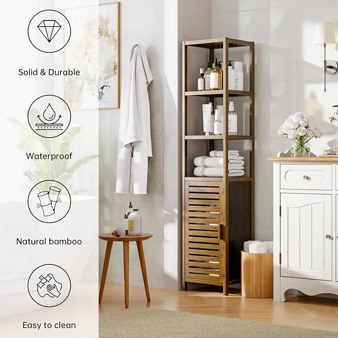 HITNET Bathroom Cabinet, Bamboo Floor Cabinet Freestanding Narrow Storage Unit with Removable Shelves, 6 Tier Tall Cabinet, Walnut - ModernBath