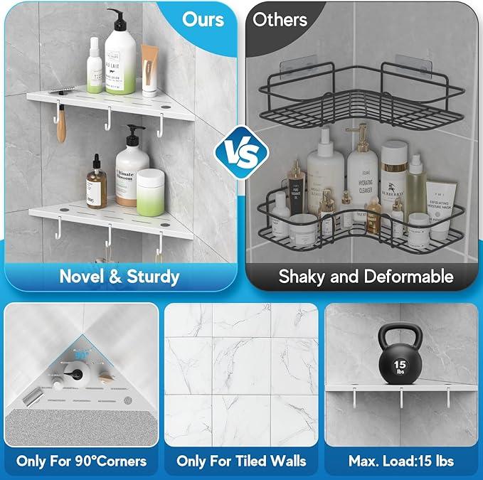 Corner Shower Shelves, 10" White 304 Stainless Steel Recessed Shelf for Bathroom,Grout in Shelf with Hooks for Tiled Wall 2 Pack (White) - ModernBath