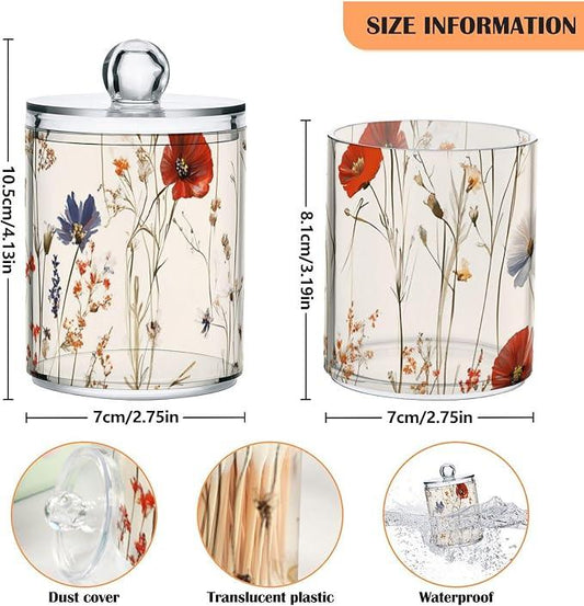 Tatenale Qtip Holder Bathroom Set Q tip Cotton Ball Swab Pad Dispenser Container Organizer Plastic Jars with Lids Storage 2Pack Beige Wild Flowers - ModernBath