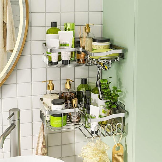 HapiRm Corner Shower Caddy with Shampoo Holder, Shower Organizer with 11 Hooks, No Drilling Rustproof Stainless Steel Bathroom Shelves - Silver (Only for 90 ° Right Angle) - ModernBath