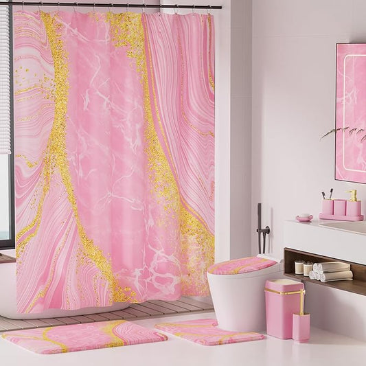 25PCS Bathroom Accessory Set, Pink Bathroom Set with Large-Capacity 4 Gallon Trash Can,Bathroom Rugs Set, Waterproof Shower Curtain, Toilet Brush, Toothbrush Holder & Soap Dispenser