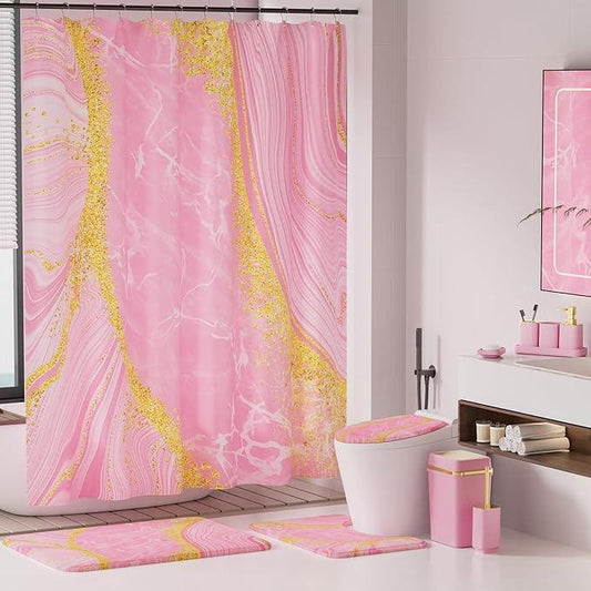 25PCS Bathroom Accessory Set, Pink Bathroom Set with Large-Capacity 4 Gallon Trash Can,Bathroom Rugs Set, Waterproof Shower Curtain, Toilet Brush, Toothbrush Holder & Soap Dispenser - ModernBath