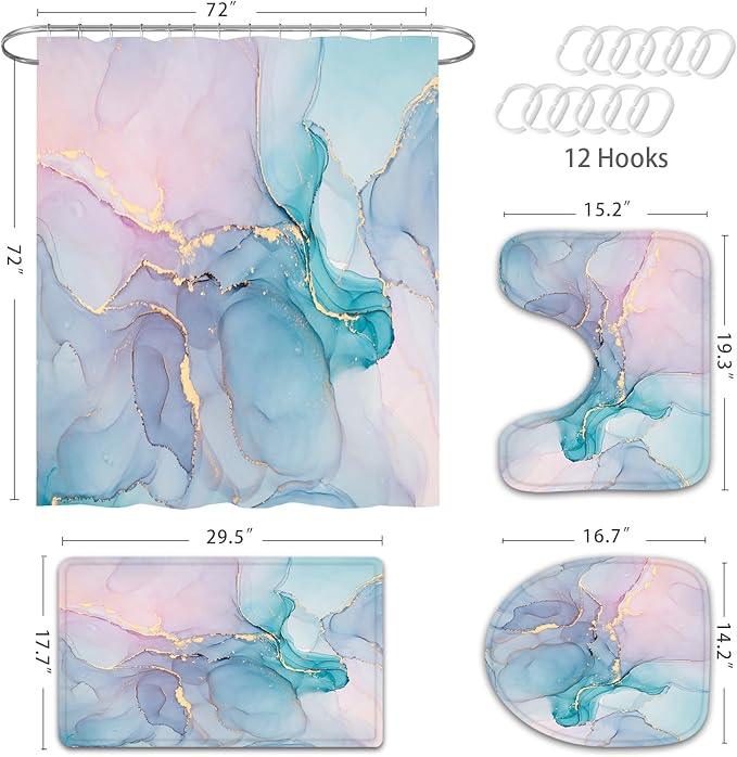 Gibelle 4 Pcs Bathroom Shower Curtain Set with Non-Slip Rugs, Toilet Lid Cover and Bath Mat, Blue Pink Marble Bathroom Decor Set with Shower Curtain and Rugs and Accessories - ModernBath