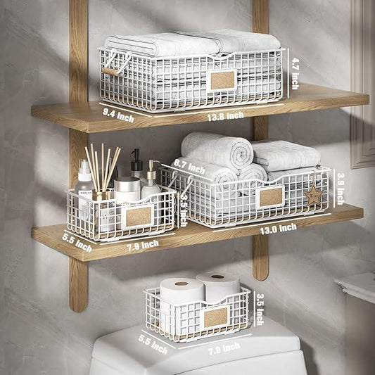 Bathroom Organizers and Storage, 4 Pack Storage Baskets for Shelves, Multipurpose Bins Organizer with Wooden Handles, Decorative Organizer Baskets Set for Bathroom, Laundry, Living Room - White - ModernBath