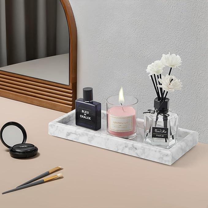 Real Natural Small Marble Tray for Bathroom, Vanity, Kitchen and Desktop, Rectangle Genuine Marble Stone Tray for Jewelry, Cosmetics, Candles, Lotion, Perfume and Home Decor (White, 12" x 5" x 1.2") - ModernBath