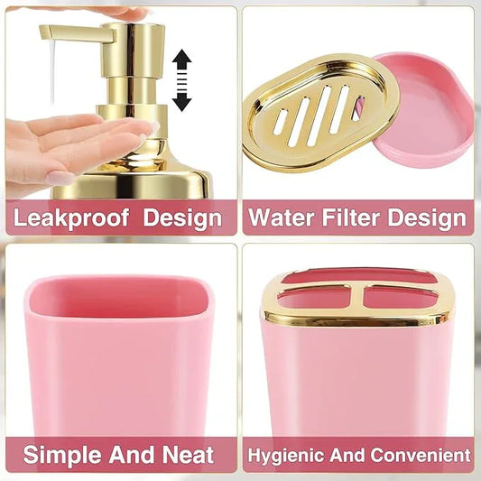 XLHOMO Pink Bathroom Accessories Set 8 Piece Pink and Gold Bathroom Set, Bathroom Sets with Stainless Steel Trash Can,Toilet Brush,Toothbrush Set,Soap Dispenser - ModernBath