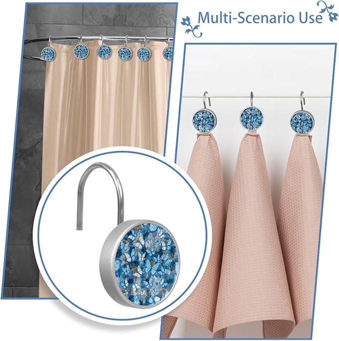 FVQL Shower Curtain Hooks Decorative, Set of 12, Stainless Steel Shower Curtain Rings, Floral Pattern Butterfly - ModernBath