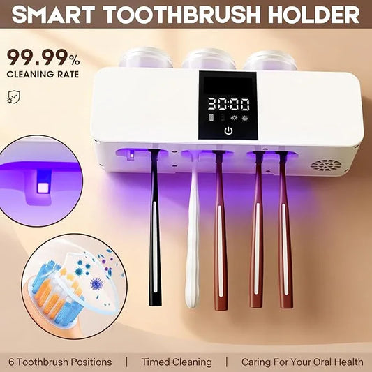 LXIANGN 3 in 1 Toothbrush Cleaner Holders for Bathrooms,Wall Mounted Toothbrush Holders with Drying and Cleaning,Smart LED Screen,6 Toothbrush Slots,3 Cups and Toothpaste Dispenser (White) - ModernBath