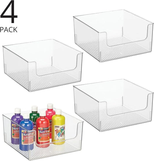 mDesign Plastic Modern Wide Open Front Dip Storage Organizer Bin Basket for Household Organization - Shelves, Cubby, Cabinet, and Closet Organizing Decor - Ligne Collection - 4 Pack - Clear