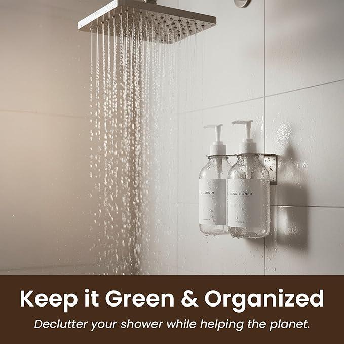 MaisoNovo Shampoo and Conditioner Dispenser - Shower Soap Dispenser Wall Mounted - 16.9 fl oz Set of 2 Clear Plastic Bottles White Pump - Shampoo Dispenser, Shower Dispenser 2 Chamber No Drill - ModernBath