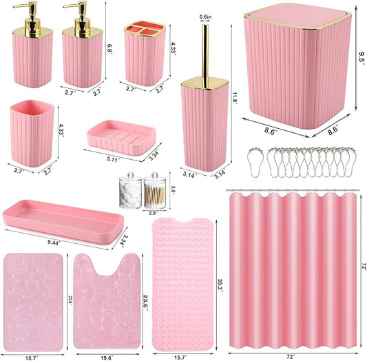 XLHOMO 26PC Bathroom Accessories Set - Gorgeous Pink Bathroom Set, Bathroom Accessory Set, Pink Shower Curtain Set with Bathtub Mats for Shower Tub