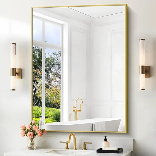 COFENY 36x48inch Bathroom Mirror, Gold Rectangle Mirror with Thin Metal Frame, Large Rectangular Wall Mirrors for Bathroom, Living Room, Hair Salon, Big Farmhouse Mirror Hang Horizontal/Vertical - ModernBath