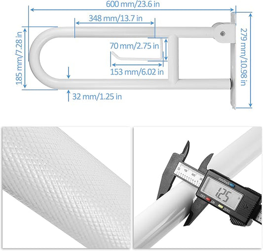 Handicap Grab Bar, 23.6 Inch Stainless Steel Toilet Safety Rails, White Disabled Flip-Up Bathroom Grab Bars with Paper Holder, Anti-Slip Toilet Handrails Hand Grips Grab Bars for Elderly