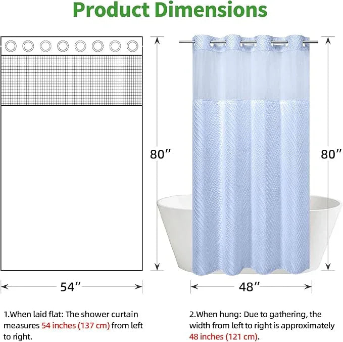 eachope stall no Hook Tufted Shower Curtain with snap in Liner Set, White Waterproof Fabric Inner Liner,Boho Style Shower Curtain with See Through top Window, FrostBlue, 54Wx80H - ModernBath