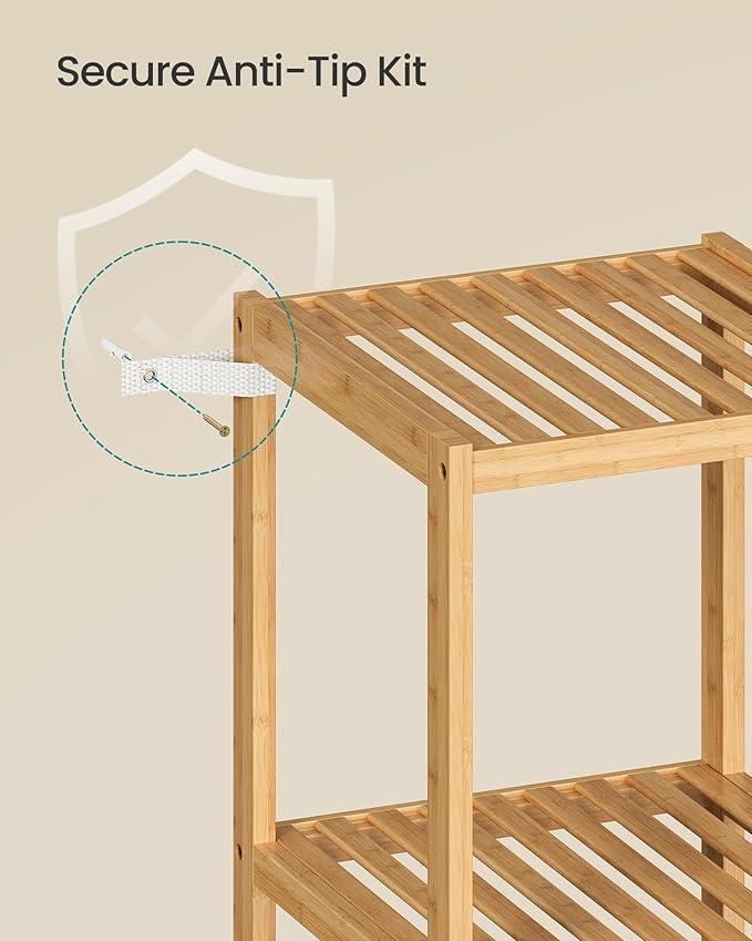 SONGMICS Bamboo Storage Shelf, 5-Tier Shelving Unit, Multifunctional, in the Entryway, Bathroom, Living Room, Balcony, Kitchen, 13 x 13 x 57.5 Inches, Light Bamboo UBCB55Y - ModernBath