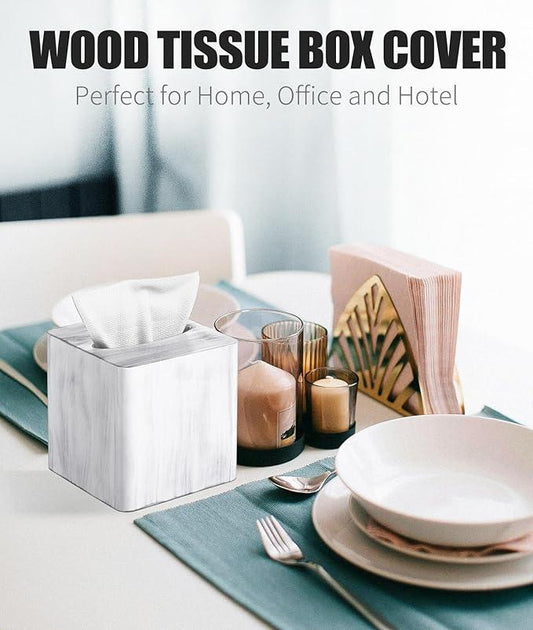 Livelab Tissue Box Cover Square - Oak Wood Tissue Box Holder for Living Room, Dinner Table, Bathroom, Office - Decorative Wooden Cube Facial Tissue Cover for Modern Farmhouse Home Decor | Whitewash - ModernBath