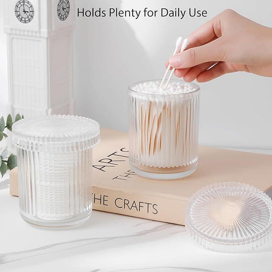 rejomiik Glass Qtip Holder Dispenser 2 Pack, Bathroom Canister Apothecary Jars with Lids, Vanity Makeup Accessories Storage Organizer for Cotton Swabs, Cotton Balls, Pads, Floss Picks, Clear - ModernBath