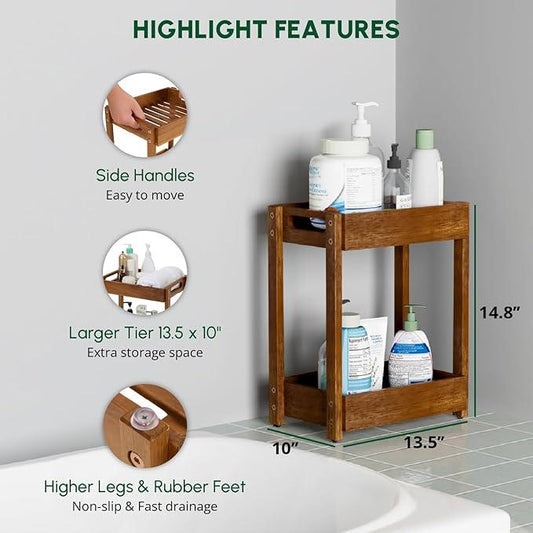 BEEFURNI Acacia Wood Shower Caddy, 2 Tier Shower Organizer, Sturdy Corner Shower Caddy, Wooden Bathroom Shelves Freestanding, Bathroom Standing Shelf (2T) - ModernBath