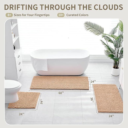 Ruggnovea Chenille Bathroom Rugs Non Slip Washable 70x24, Extra Thick Soft Absorbent Chenille Bath Mat, Non-Slip Barrier Backing, Quick Dry Machine Washable Bath Mats Tub, Shower,Floor/Sink,Beige - ModernBath