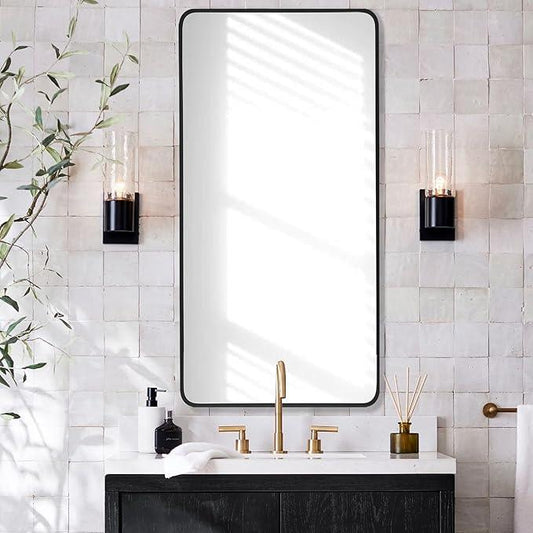 Bonverre 24x40 Inch Rectangle Bathroom Mirror with Black Metal Frame, Rounded Corner Rectangular Vanity Mirror for Wall, Modern Large for Bedroom, Living Room, Horizontal or Vertical - ModernBath