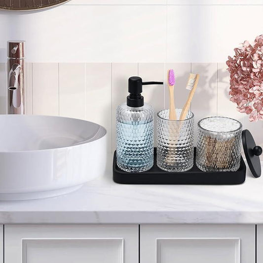 Bathroom Accessory Set,4 Pcs Clear Glass Bathroom Accessories Set-Lotion Soap Dispenser,Toothbrush Holder,Qtip Holder Dispenser & Resin Vanity Tray,Countertop Vanity Organizer,Crystal Clear - ModernBath
