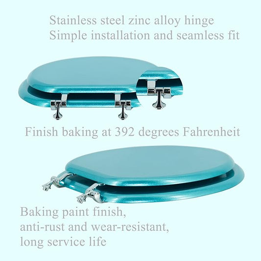 BLOFDE Elongated Toilet Seat Wood Toilet Seat Prevent Shifting with Zinc Alloy Hinges American Standard Size Toilet Seat Easy to Install also Easy to Clean(Elongated,Sparkling Sapphire Blue)