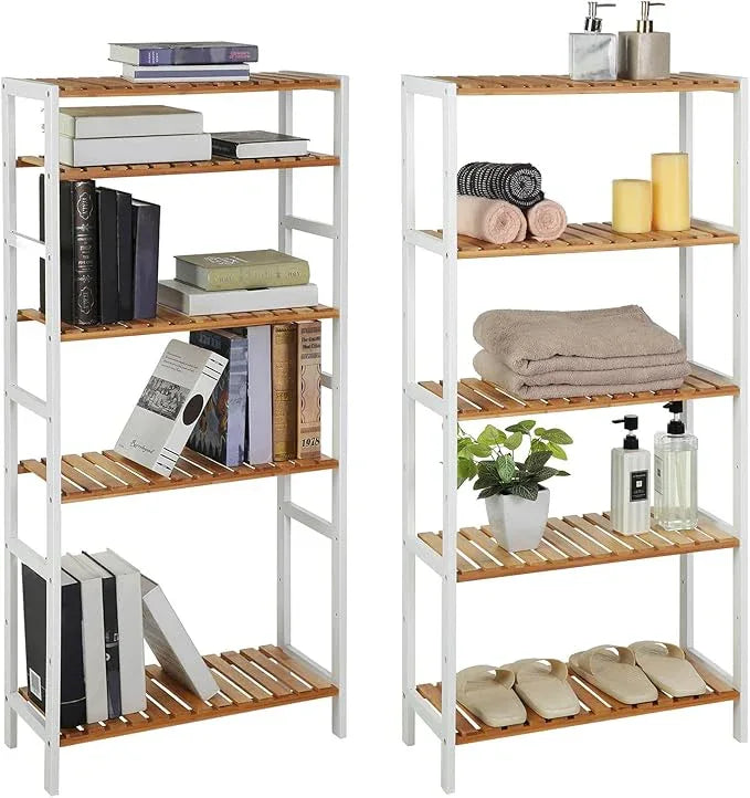 SONGMICS Bamboo Storage Shelf, 5-Tier Shelving Unit, Multifunctional, in The Entryway, Bathroom, Living Room, Balcony, Kitchen, 10.2 x 23.6 x 51.2 Inches, Cloud White and Light Bamboo UBCB35WN - ModernBath