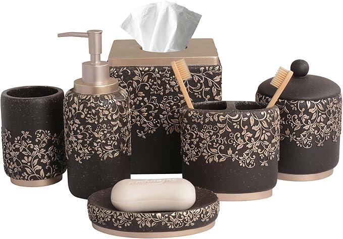 Decozen Bathroom Accessories Set 6Pcs – Soap Dispenser, Toothbrush Holder, Tumbler, Soap Dish & Cotton Swab Jar – Modern Bathroom Decor, Bath Set for Christmas Decor, Stella - ModernBath