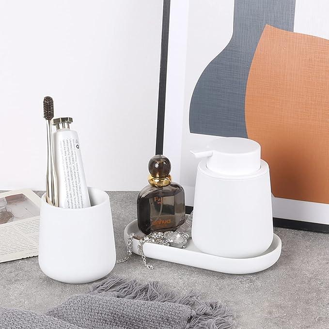 BosilunLife White Bathroom Accessory Set - 3 pcs Ceramic Bathroom Soap Dispenser Set Farmhouse Bathroom Decor Sets Accessories, Soap Dispenser and Toothbrush Holder, Tray (White Set - Liquid Pump) - ModernBath