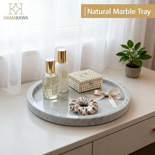 HAMAKAWA Natural Marble Bathroom Vanity Tray, Large Round Sink Tray 9.5 inch, Carrara White Limestone Dresser Tray, Modern Countertop Organizer for Soap Dispenser, Kitchen Counter, Home Decor - ModernBath