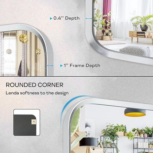 Minuover Brushed Nickel Bathroom Wall Mirror, Silver Metal Framed Large Rounded Corner Rectangle Mirror, Tempered Glass, Shatter Proof, Hangs Horizontally or Vertically (30" x 55", Silver) - ModernBath