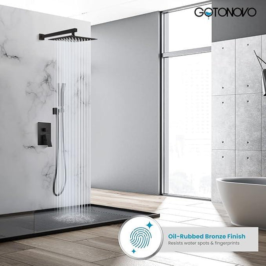 gotonovo Rainfall Bathroom Shower System Rain Shower Head and Handle Set Wall Mounted Shower Complete Combo Solid Brass Pressure Balancing Shower Mixer Valve 12 Inch Oil Rubbed Bronze - ModernBath