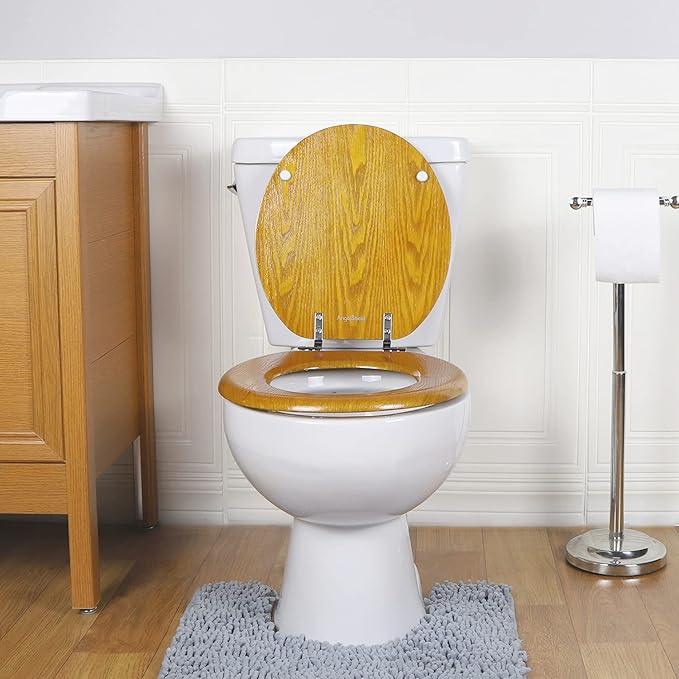 Angel Shield Durable Wood Veneer Natural Toilet Seat Metal Hinged Easy Clean Anti-scratch American Standard(Round,Oak) - ModernBath