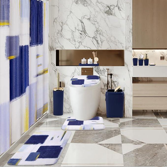 XLHOMO Bathroom Set - Navy Blue and Gold Bathroom Accessories Set, Bathroom Sets with Shower Curtain and Rugs, Blue Shower Curtain Set with Bathroom Trash Can, Soap Dispenser,Soap Dish for Home Decor - ModernBath